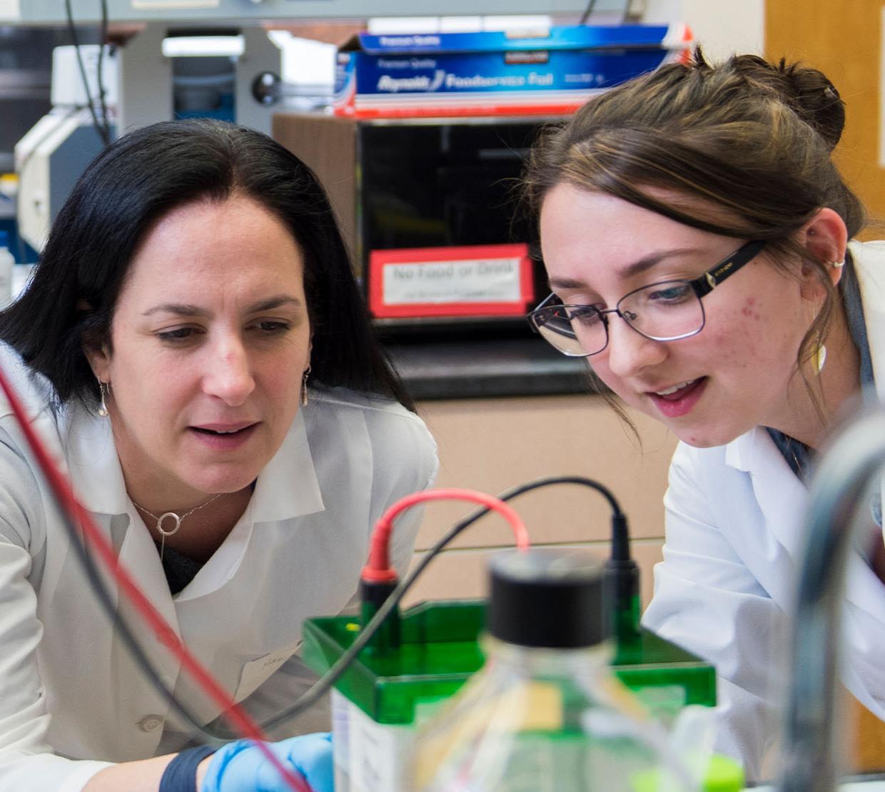 Maria Franco and Lydia Bastian working in the biochemistry and biophysics lab.