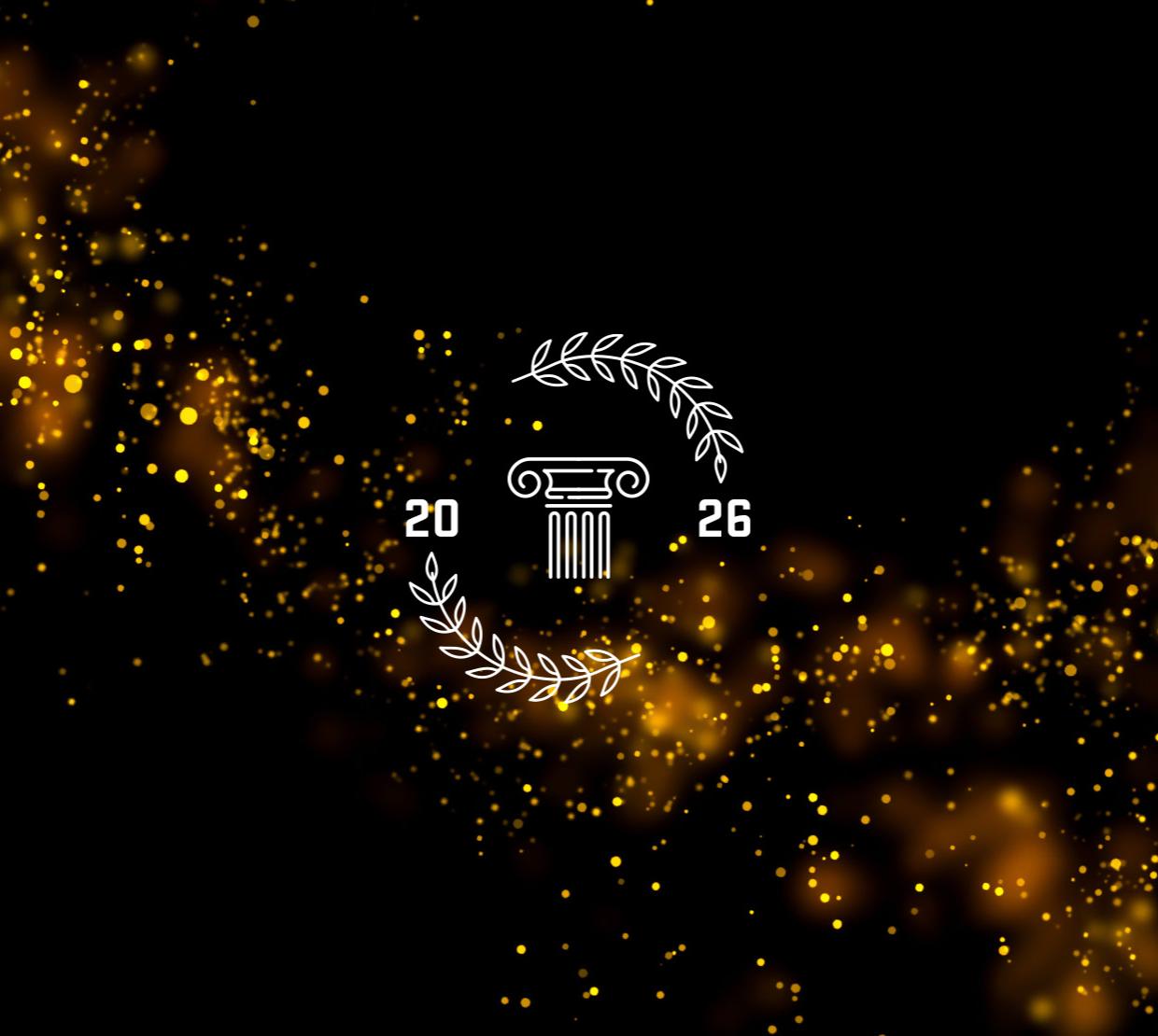 A black background with orange glitter, a roman pillar and the year 2026.