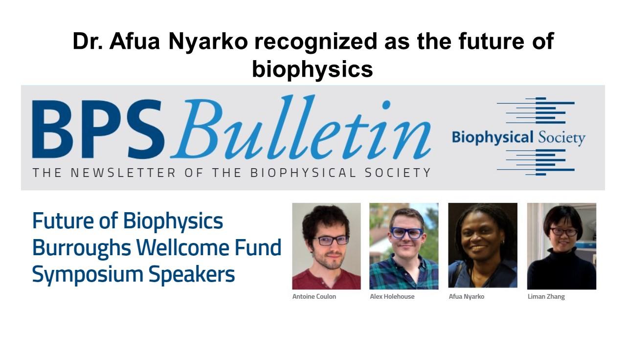 Bulletin for the Newsletter of the Biophysical Society, featuring Antoine Coulon, Alex Holehouse, Afua Nyarko and Liman Zhang.One of them is Afua Nyarko.