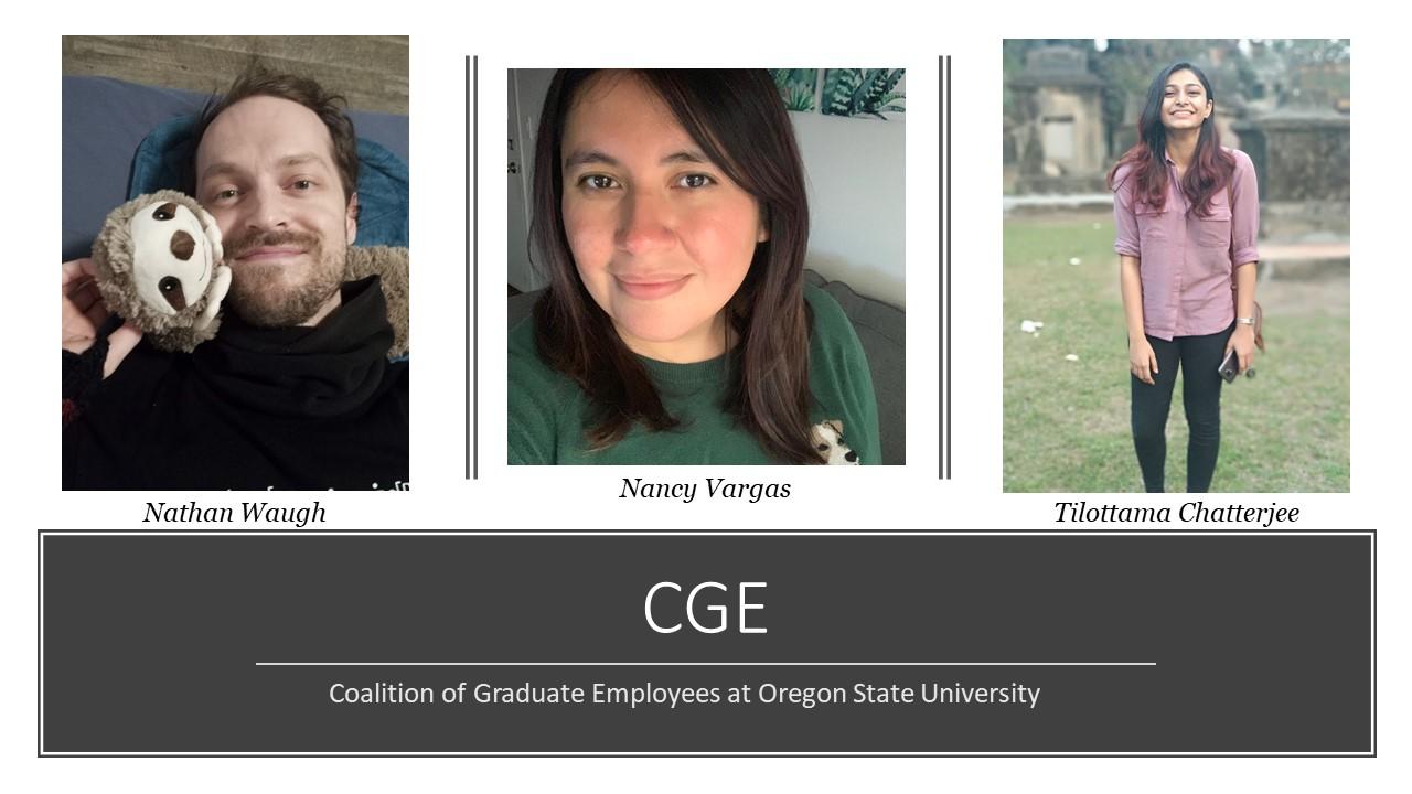 Portrait photos of CGE members Nathan Waugh, Nancy Vargas, and Tilottama Chatterjee.