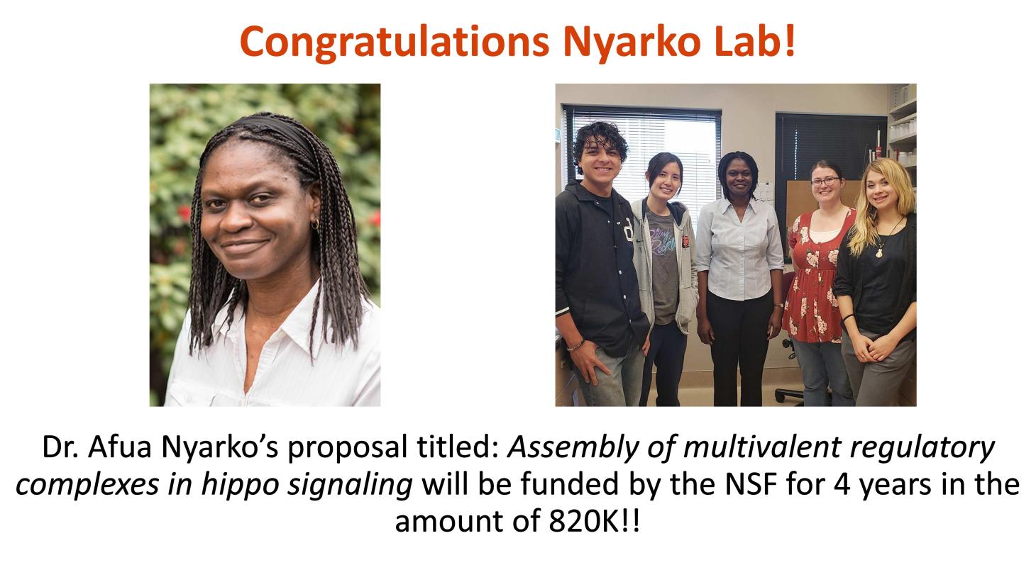 Portrait of Afua Nyarko next to a group photo of her lab students.