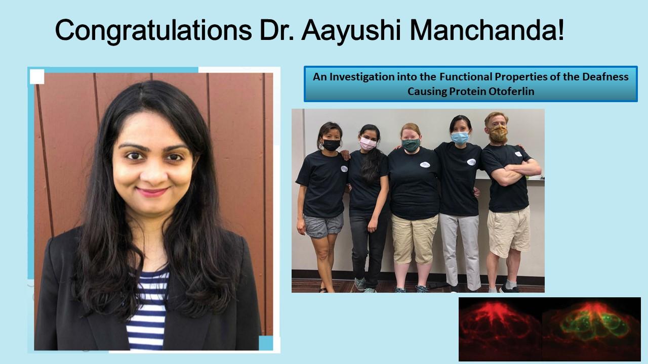 A portrait of Dr Aayushi Manchada next to a group photo of her lab mates.