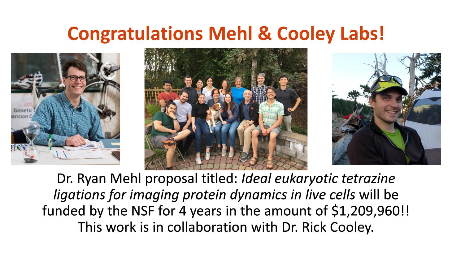 Portrait photos of Dr Mehl, Dr Cooley, and their lab group.
