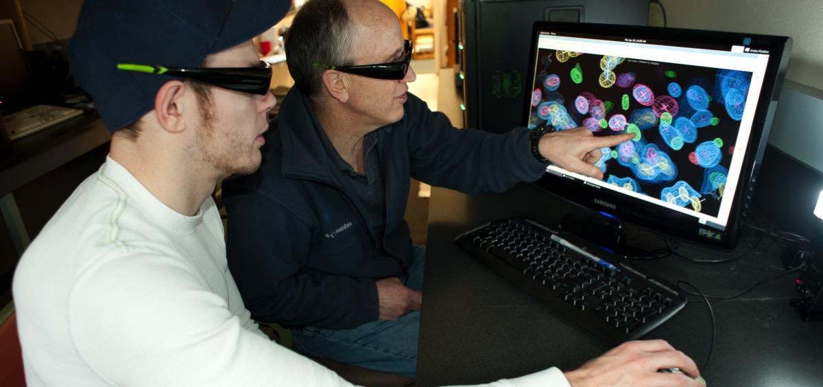Two researchers looking at a screen containing protein structures.