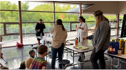 Women doing science project.