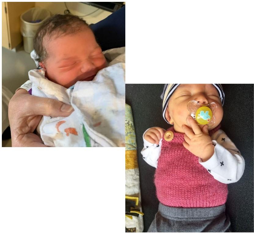Two photos of a very cute newborn sleeping and being held