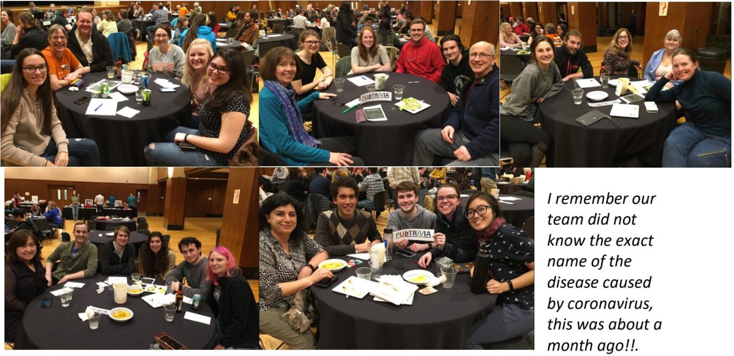 People at tables in groups for trivia.