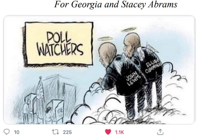 Comic drawing of two men watching voters.