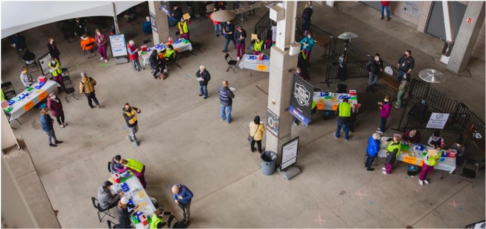 People in building getting vaccinated.