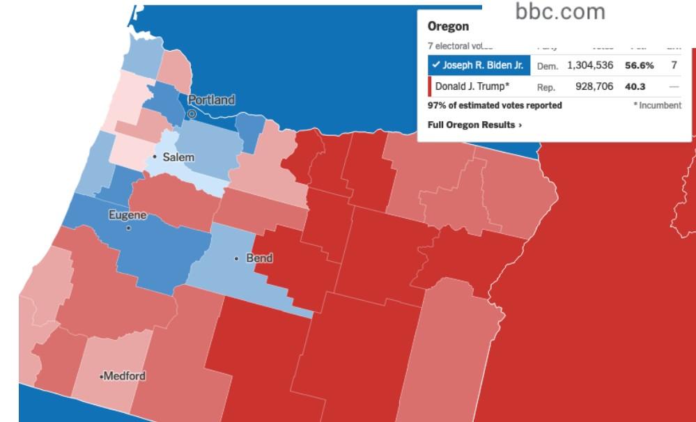 Oregon outline with voting results.