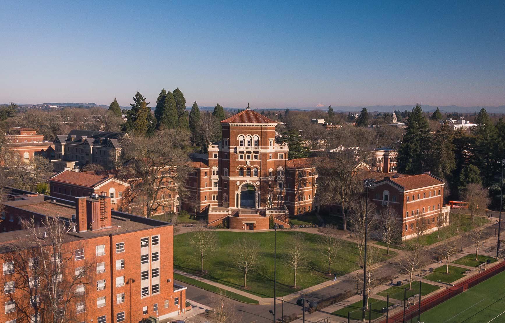 An aerial shot of Weatherford Hall during sunset.