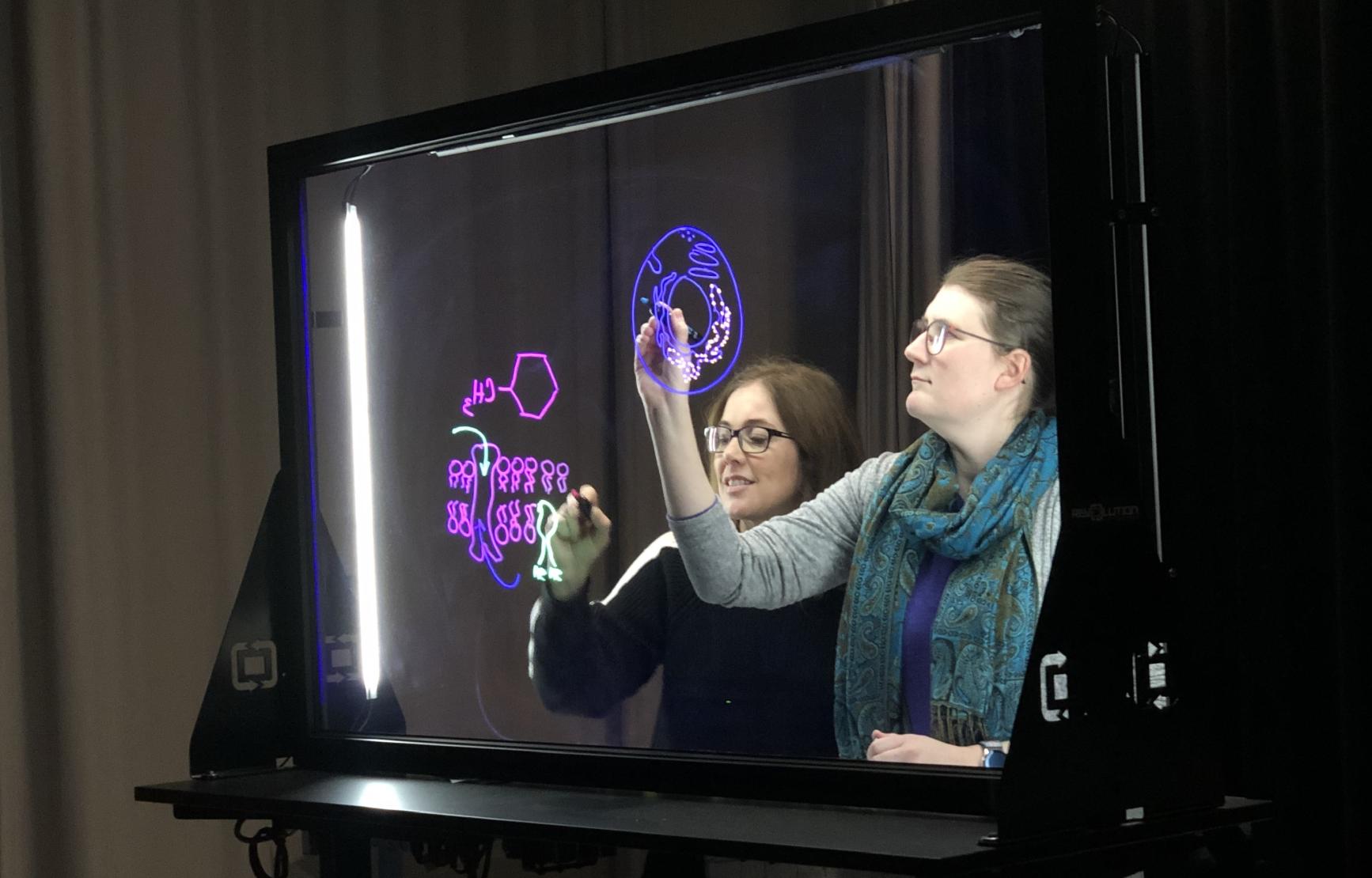 instructors drawing cell images on light board
