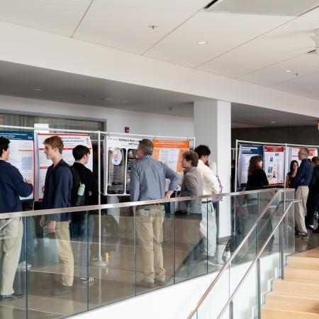 Students wander around looking at thesis posters.