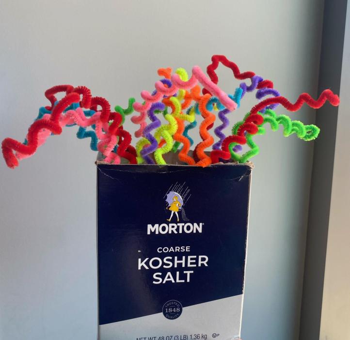 Colorful pipe cleaners burst out of a salt box to represent how sodium and its gateway are crucial to transferring signals in the brain